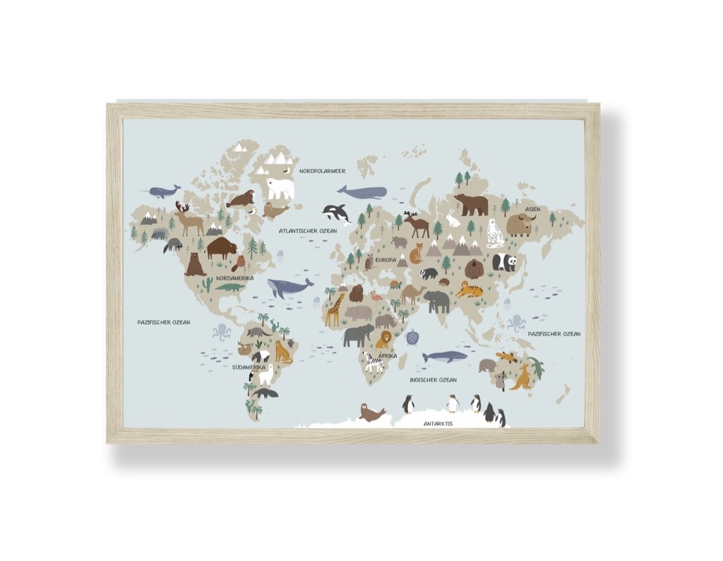 Poster Weltkarte mit Tieren in mint 