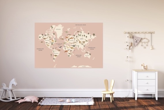 Poster Weltkarte mit Dino rosa