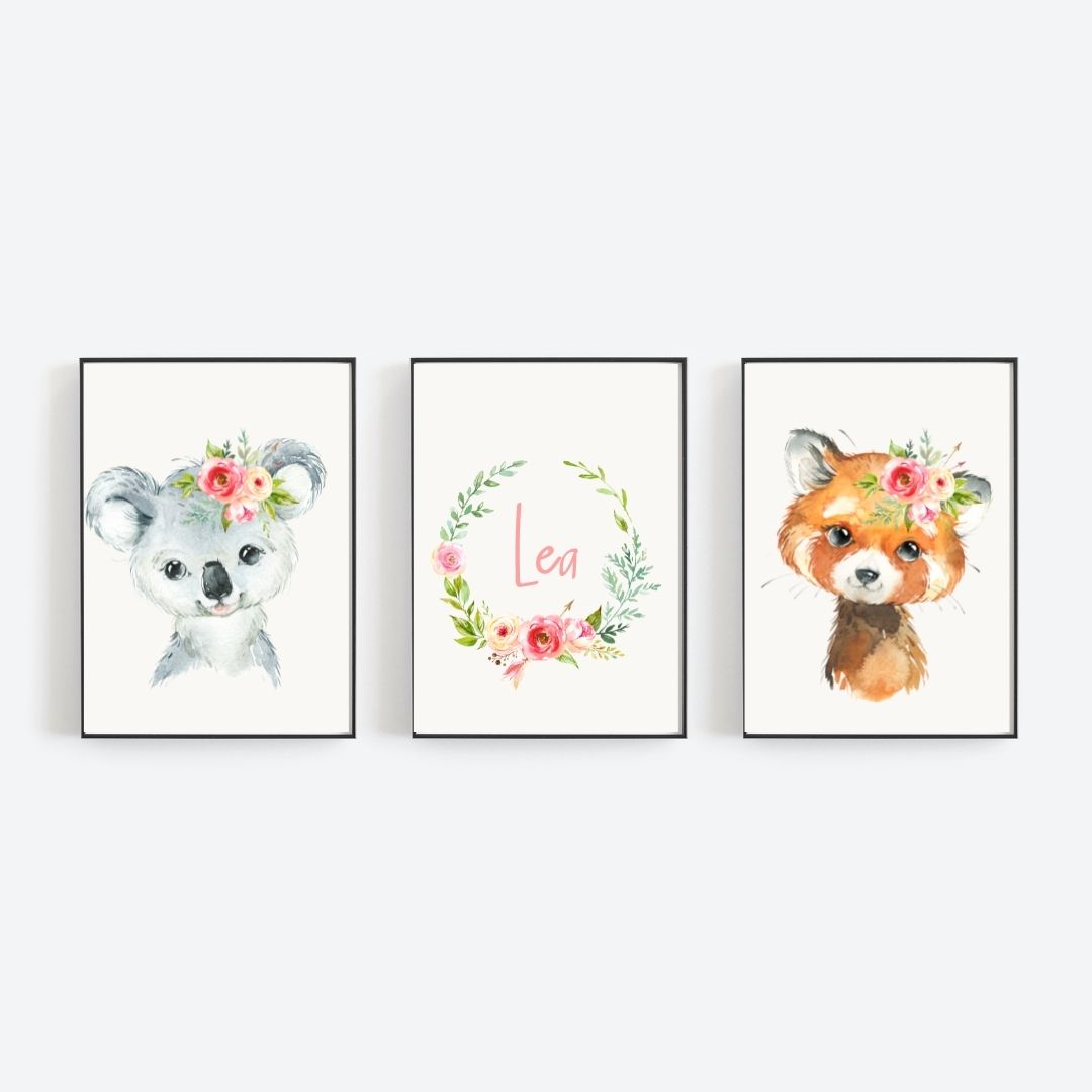 Poster Set  Panda und Fuchs Mädchen mit Namen 