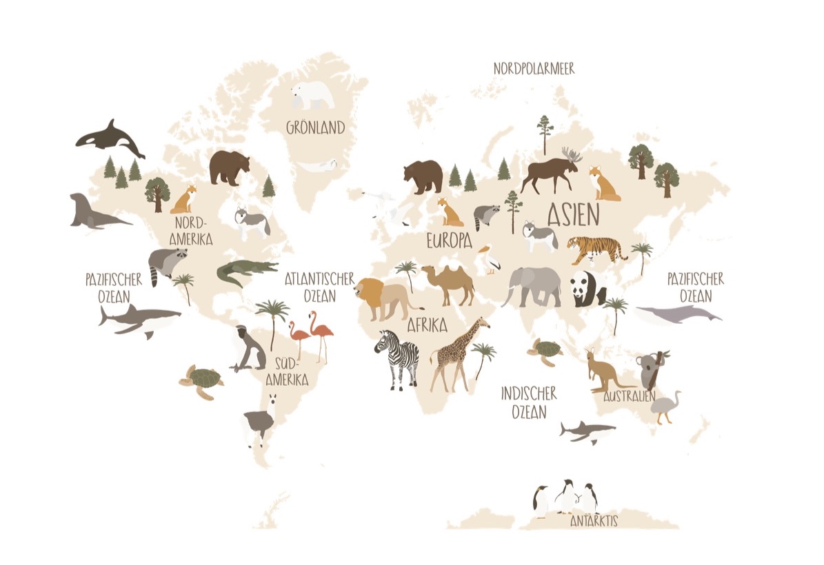 Poster Weltkarte mit Tieren weiß