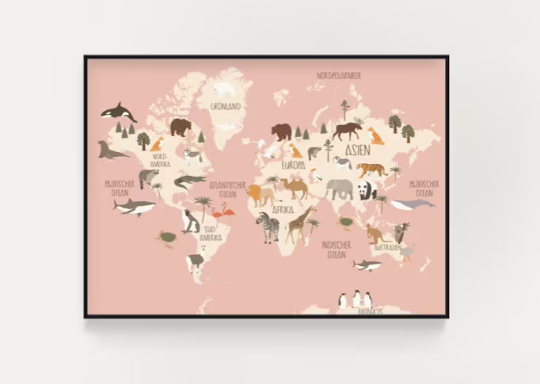  Poster Weltkarte mit Tieren in rosa 